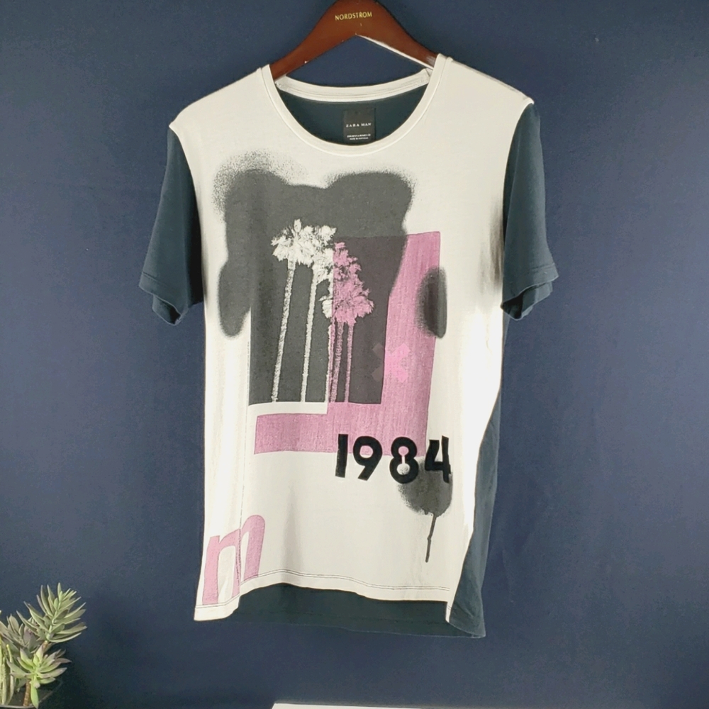 Zara Man T-shirt 1984 Size M White, Black & Pink
